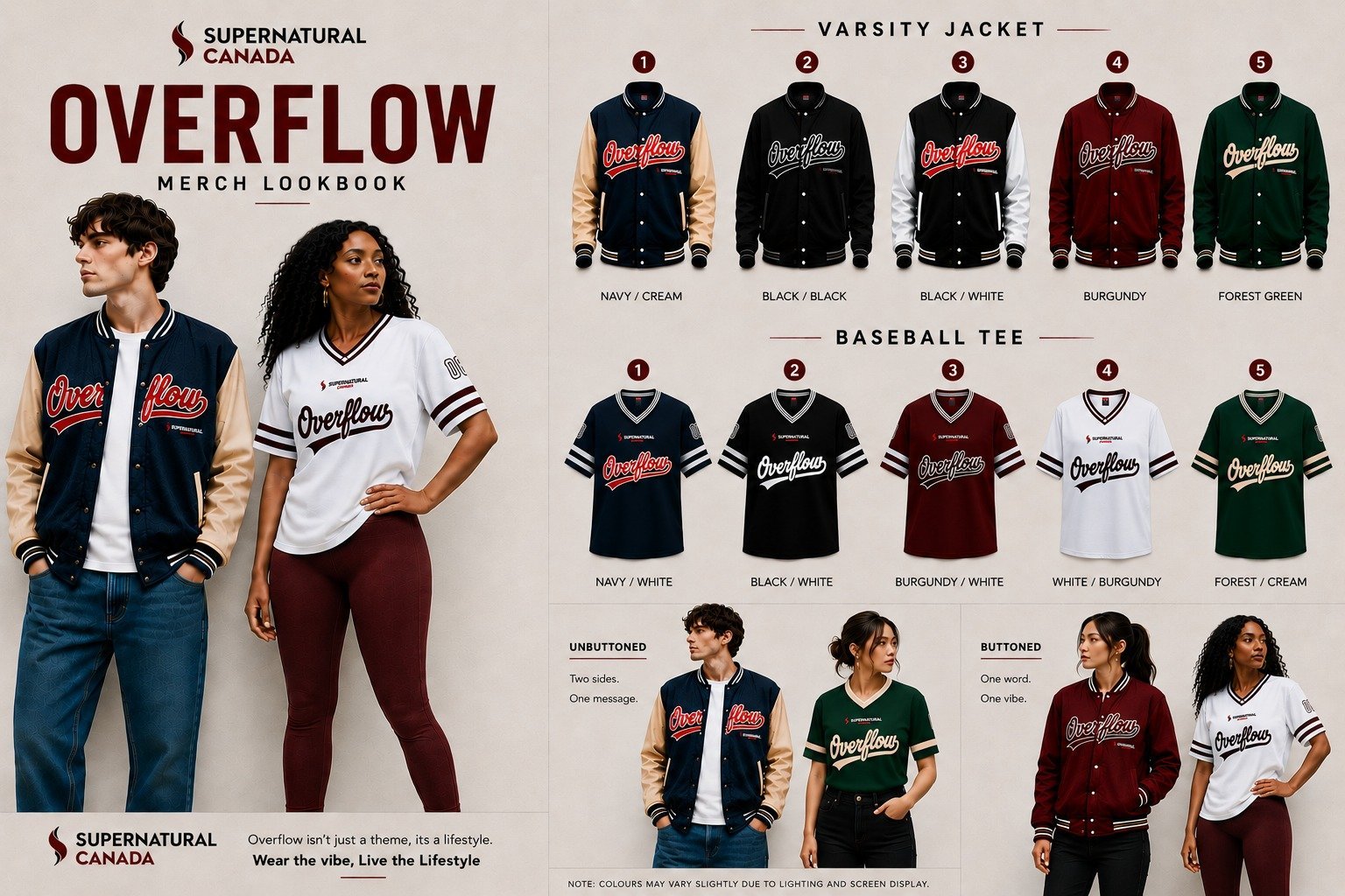 Overflow merch lookbook showing varsity jackets and baseball tees in black, burgundy, navy and forest green